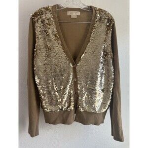 Michael Kors Gold Sequin Tan Brown Sweater Cardigan Size Petite Large